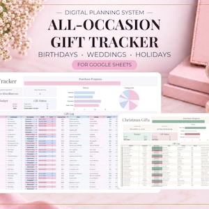 May include: A digital planning system for Google Sheets titled All-Occasion Gift Tracker for birthdays, weddings, and holidays. The interface displays a gift log, purchase progress bars, budget summaries, and pie charts in pink and blue color schemes.