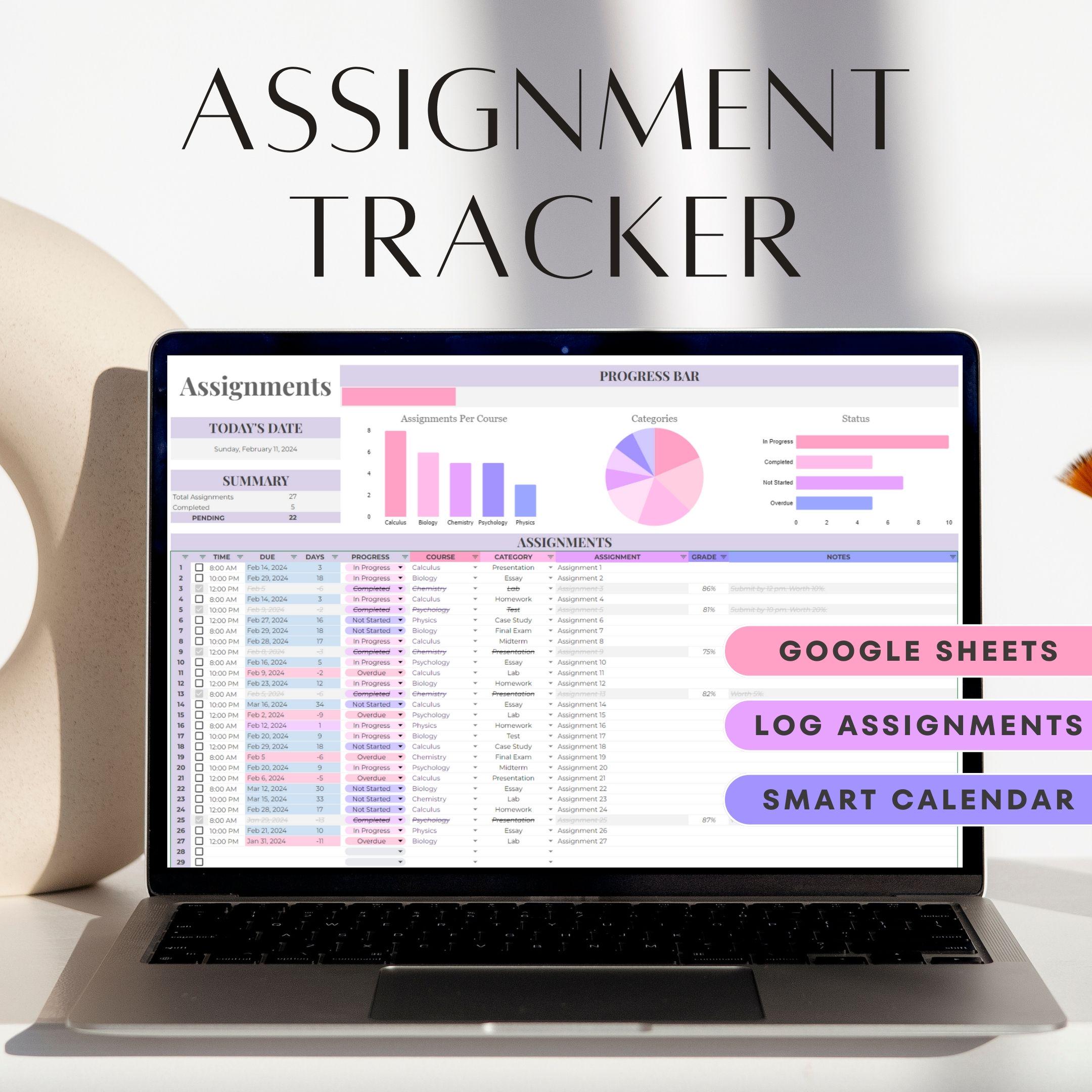 Google Sheets Assignment Tracker Student Planner Academic Template College Planner Homework and Grade Log School Assignment Organizer