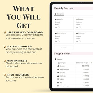Op de afbeelding: Een screenshot van een mobiele app-interface die een budgetplanner toont met categorie&euml;n voor huisvesting, boodschappen, entertainment, gezondheidszorg, vervoer, nutsvoorzieningen, huisdieren en entertainment. De app stelt gebruikers in staat om hun maandelijkse uitgaven bij te houden en een budget in te stellen voor elke categorie. De app bevat ook een functie om schulden te monitoren en overboekingen tussen rekeningen in te voeren.