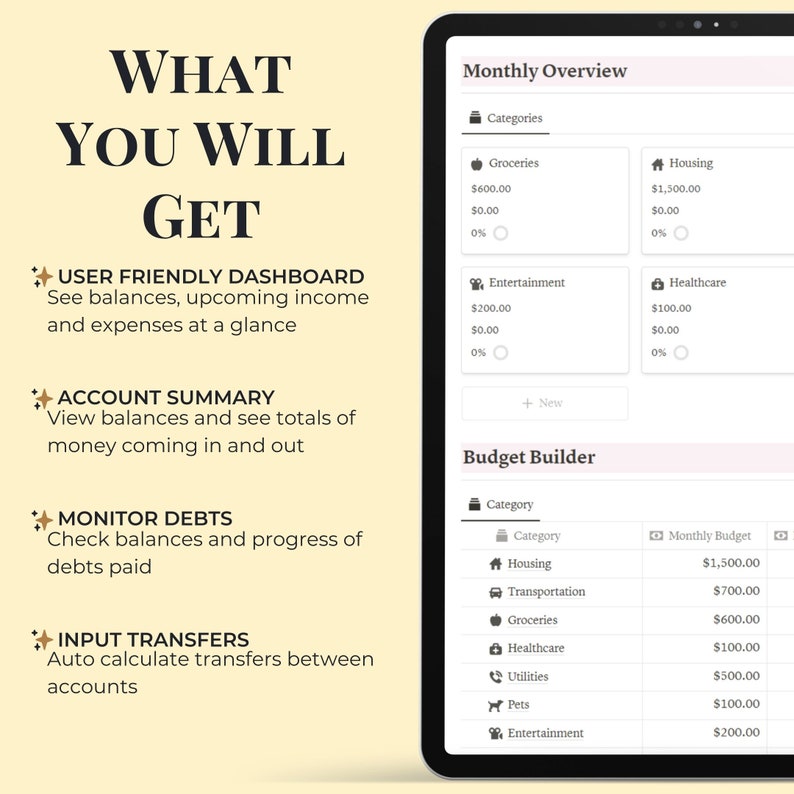 Op de afbeelding: Een screenshot van een mobiele app-interface die een budgetplanner toont met categorie&euml;n voor huisvesting, boodschappen, entertainment, gezondheidszorg, vervoer, nutsvoorzieningen, huisdieren en entertainment. De app stelt gebruikers in staat om hun maandelijkse uitgaven bij te houden en een budget in te stellen voor elke categorie. De app bevat ook een functie om schulden te monitoren en overboekingen tussen rekeningen in te voeren.