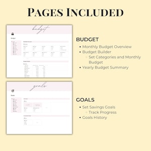 Op de afbeelding: Een digitale planner met pagina's voor budgettering en doelstelling. De pagina's zijn minimalistisch ontworpen en bevatten secties voor maandelijkse budgetoverzichten, budgetbouwers, jaarlijkse budgetsamenvattingen, spaardoelen, voortgangsbewaking en doelstellingsgeschiedenis.