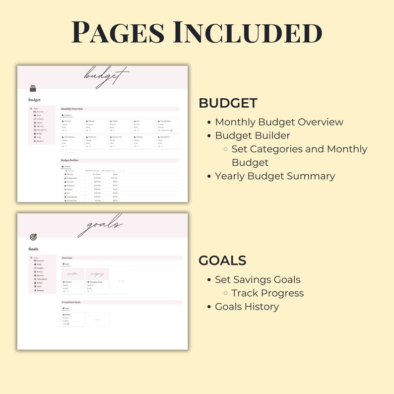 Op de afbeelding: Een digitale planner met pagina's voor budgettering en doelstelling. De pagina's zijn minimalistisch ontworpen en bevatten secties voor maandelijkse budgetoverzichten, budgetbouwers, jaarlijkse budgetsamenvattingen, spaardoelen, voortgangsbewaking en doelstellingsgeschiedenis.