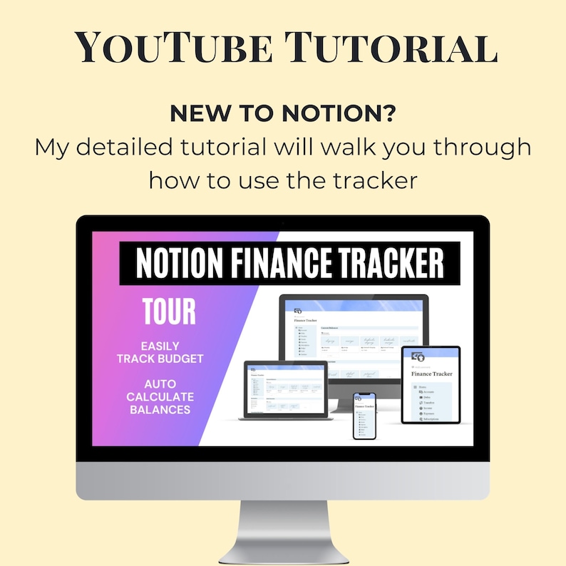 Op de afbeelding: Een computerscherm dat een YouTube-tutorial toont over het gebruik van een Notion-financieel tracker. Het scherm toont een roze en paarse achtergrond met de tekst "Notion Finance Tracker" en "Tour". Onder de tekst staan drie opsommingstekens: "Easily Track Budget", "Auto Calculate" en "Balances". Het scherm toont ook een screenshot van de Notion-financieel tracker-app op een computer, tablet en telefoon.