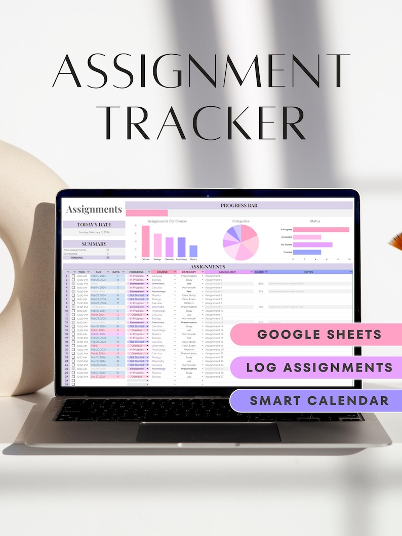 Google Sheets Assignment Tracker Student Planner Academic Template College Planner Homework and Grade Log School Assignment Organizer Pink Purple Blue