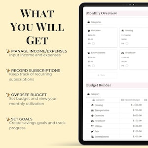 Op de afbeelding: Een screenshot van een budgetteer-app met de tekst "What You Will Get" en een lijst met functies, waaronder "Inkomsten/uitgaven beheren", "Abonnementen registreren", "Budget controleren" en "Doelen stellen". De app-interface toont een maandelijks overzicht en een budgetbuilder met categorie&euml;n zoals huisvesting, vervoer, boodschappen, gezondheidszorg, nutsvoorzieningen, huisdieren en entertainment.