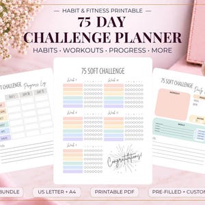 75 Day Soft Challenge Tracker: Printable A5 & US Letter Size Planner Inserts Meal Fitness and Habit Journal Workout