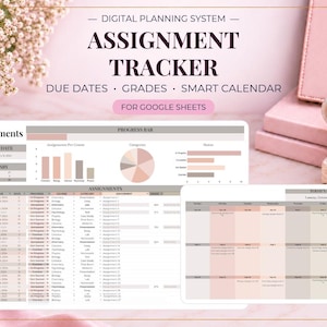 May include: A digital planning system assignment tracker for Google Sheets featuring a dashboard with a progress bar, pie chart, and bar graph, alongside a detailed assignment list and a monthly calendar view in shades of pink and beige.