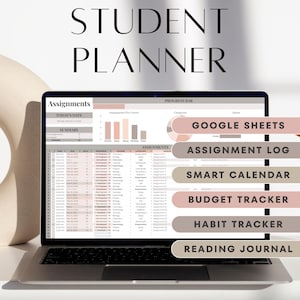 May include: A laptop screen showing a student planner interface with the text "ULTIMATE STUDENT PLANNER." The display includes sections for assignments, a progress bar, and options for Google Sheets and a budget tracker.