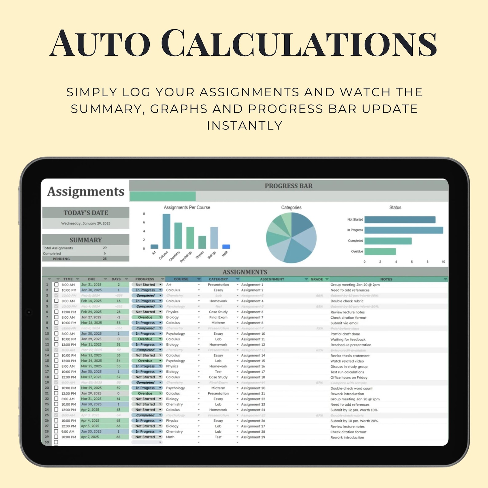 Google Sheets Assignment Tracker Student Planner Academic Template ...