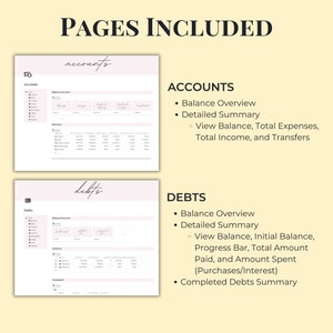 Op de afbeelding: Een digitale planner met pagina's voor het bijhouden van rekeningen en schulden. De planner bevat secties voor een overzicht van het saldo, een gedetailleerde samenvatting en een samenvatting van de afgeronde schulden.