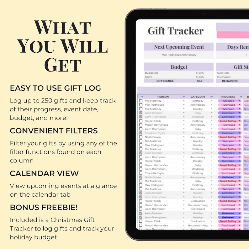 Google Sheets Gift Tracker Spreadsheet Birthday Gifts Tracker Wedding ...