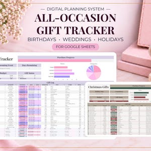 May include: A digital planning system for Google Sheets titled All-Occasion Gift Tracker for birthdays, weddings, and holidays. The interface displays a gift log, purchase progress bars, budget tracking, and pie charts in pink and purple tones.