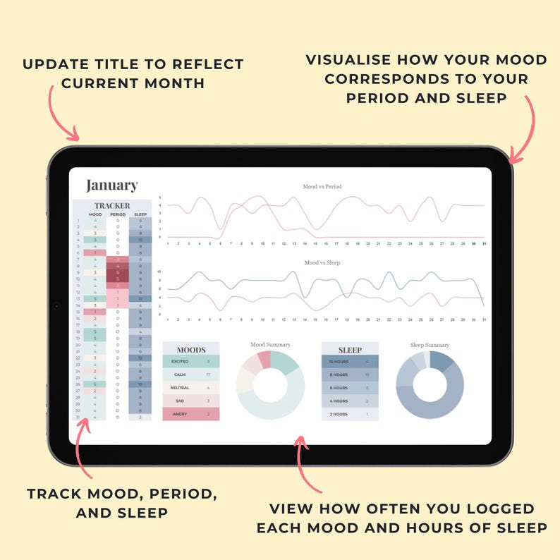 Google Sheets Period Tracker Template, Daily Mood Tracker, Sleep Tracker, Mood Journal Spreadsheet Template