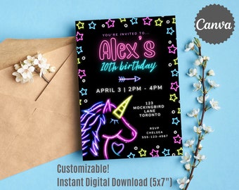 Unicorn Invitation, Unicorn Birthday Party Invitations, Girls Neon Unicorn Party Digital Invites