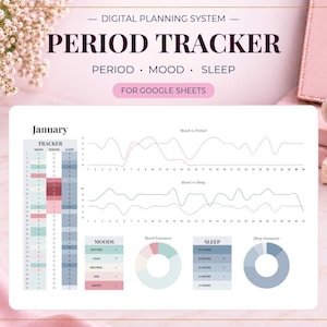 May include: A digital planning system period tracker for Google Sheets featuring a January calendar, line graphs for mood, period, and sleep tracking, and circular summary charts for moods and sleep data in shades of blue, pink, and white.