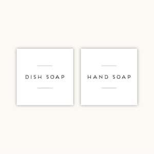 May include: Two white square labels with black text. The left label reads "DISH SOAP" with a line above and below the text. The right label reads "HAND SOAP" with a line above and below the text.