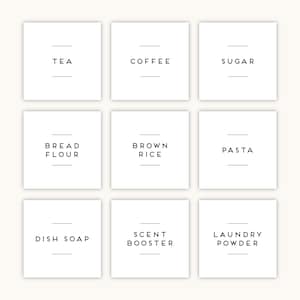 May include: Nine white square labels with black text. The labels read: Tea, Coffee, Sugar, Bread Flour, Brown Rice, Pasta, Dish Soap, Scent Booster, and Laundry Powder. Each label has a horizontal line above and below the text.