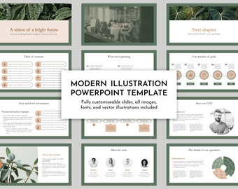 May include: A green and brown PowerPoint template with a modern illustration style. The template includes slides for a table of contents, new and fresh information, what we're planning, our timeline of goals, meet our CEO, meet the team, and the details of our operation.
