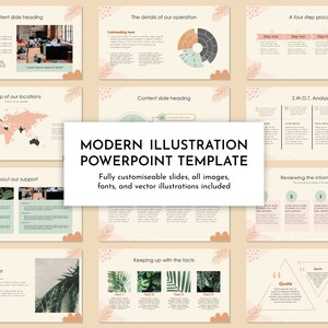 Plantilla de PowerPoint moderna mínima con naranja oxidado, azul pálido, fuentes modernas, fuentes de imágenes libres de derechos, iconos vectoriales incluidos