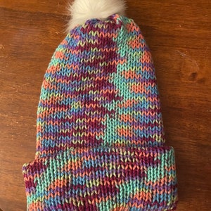 Rainbow thick winter hat, knitted beanie, adult sized, cold weather hat, winter gift for sister, pom pom hat, cute warm winter beanie