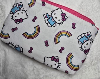 Neceser pequeño de lona de algodón hecho a mano con cremallera de Hello Kitty: neceser de maquillaje