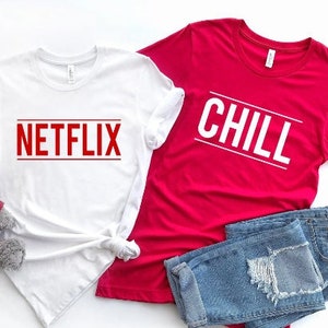 Netflix and Chill, Red Colorful, Couple Valentine's, Matching Shirts, Movie Night Tees, romantic Night Costume, cute Design Men and Women