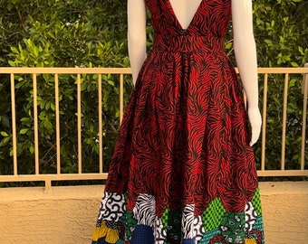 Vestido estampado africano | Vestido patchwork | Vestido africano para mulheres | Vestido estampado Ankara | Vestido de festa vermelho | Vestido de gala Ankara | Robe Africaine - TIWA