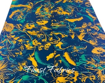 Tela Ankara floral, algodón con estampado africano, amarillo, verde y azul