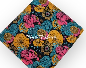 May include: Black fabric with a colourful floral pattern featuring pink, yellow, and blue flowers. The fabric has a "Finest Fabrics" watermark.