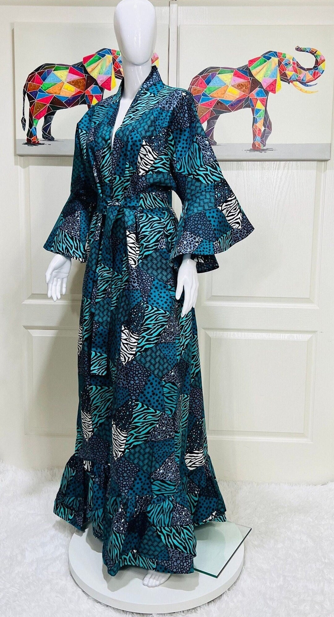 Women African Print Kimono Set - Orange