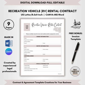 Recreational Vehicle Rental Contract Template, 9 Pages DIY Editable, RV Lease Agreement, Campervan Rental Forms, Travel Trailer Rent Terms