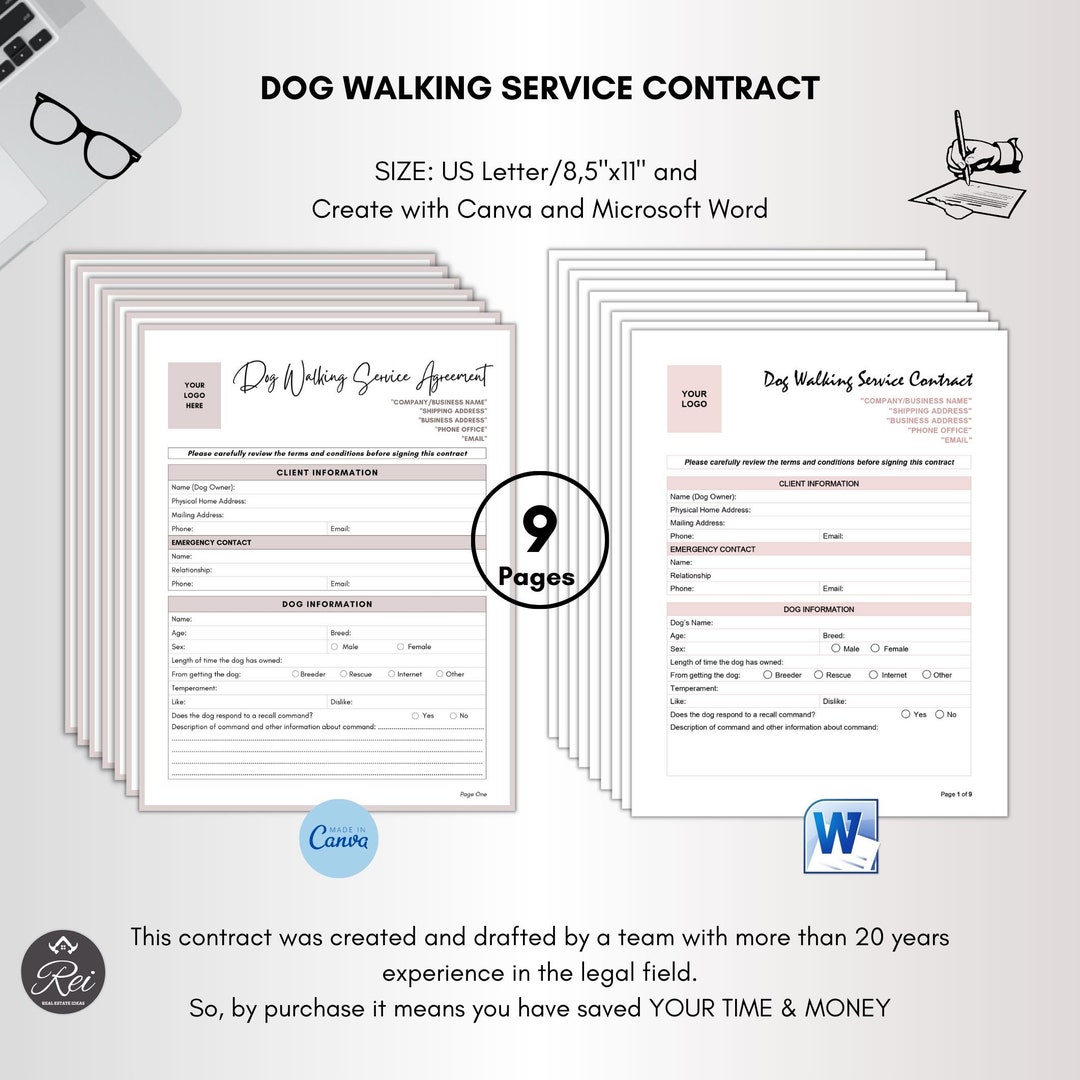 Dog Walking Service Agreement 9 Page DIY Editable Canva Etsy