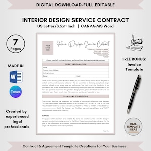 Interior Design Service Contract Template, 7 Pages DIY Editable, Interior Designer Agreement, Home Style Service, Room Designer Contract