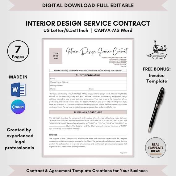 Interior Design Service Contract Template: DIY Editable (Digital Download)