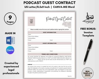 Può includere: Un modello di contratto per ospiti di podcast stampabile in formato US Letter. Il modello include sezioni per le informazioni dell'host e dell'ospite, i termini e le condizioni e una riga di firma. Include anche un modello di fattura bonus gratuito.