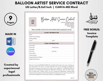 Balloon Artist Service Contract Template: Editable DIY Form (Canva & MS Word)
