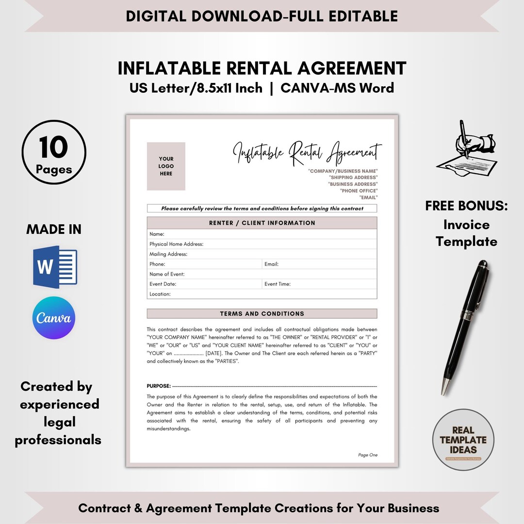 Inflatable Rental Agreement Template 10 Pages DIY Editable Inflatable Inflatable Rental Agreement Template 10 Pages DIY Editable Inflatable