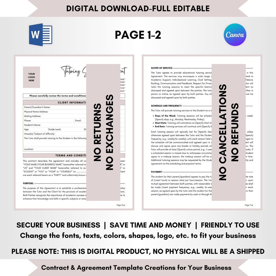 Tutoring Service Agreement Template, 8 Pages DIY Editable, Private