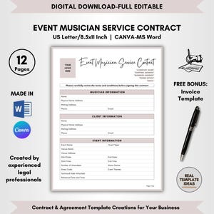 Event Musician Service Contract Template, 12 Pages DIY Editable, Musician Show Agreement, Music Performance Terms, Live Music Service Forms