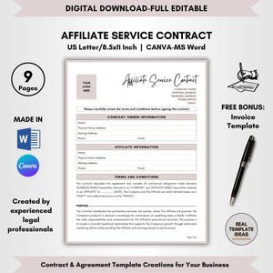 Affiliate Service Contract Template, 9 Pages DIY Editable, Referral Agreement, Affiliate Legal Terms, Affiliate Partner Form, Sale Affiliate