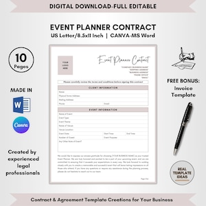 Contract Templates, Agreement Templates, Service Contract, Service Agreement, Event Planner Contract, Event Planning Agreement, Event Organizing Terms, Event Organizer Forms, Planner Legal Policy, Event Guidance Doc, Editable Contract, CANVA-MS Word