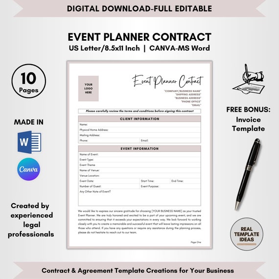 Event Planner Contract Template: 10 Pages DIY Editable Legal Forms (CANVA-MS Word)