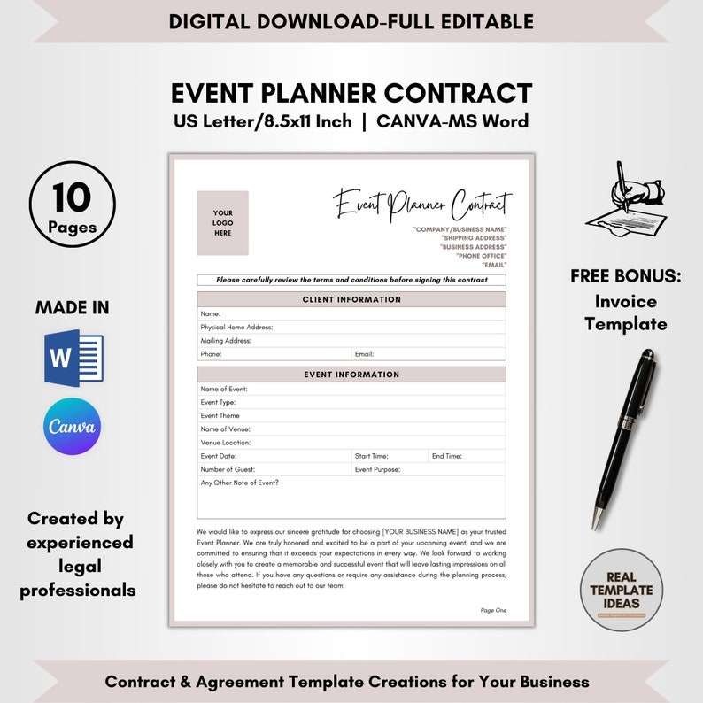 Event Planner Contract Template: 10 Pages DIY Editable Legal Forms ...