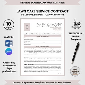 Lawn Care Service Contract Template, 10 Pages DIY Editable, Lawn Work Agreement, Mow Maintenance Terms, Grass Care Policy, CANVA-MS Word