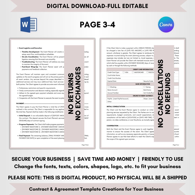 Contract Templates, Agreement Templates, Service Contract, Service Agreement, Event Planner Contract, Event Planning Agreement, Event Organizing Terms, Event Organizer Forms, Planner Legal Policy, Event Guidance Doc, Editable Contract, CANVA-MS Word