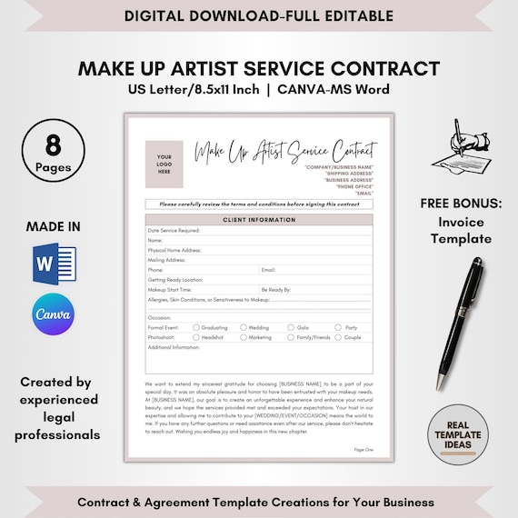 Bridal Makeup Artist Contract Template: DIY Editable MUA Forms (8 Pages)