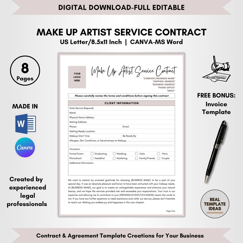Contract Templates, Agreement Templates, Service Contract, Editable Contract, DIY Editable CANVA-MS Word, Bridal Make Up Artist Service Contract, MUA Service Agreement, Make Up Artist Terms, Bridal Make Up Forms, Bride Make Up Deal, MUA Legal Forms