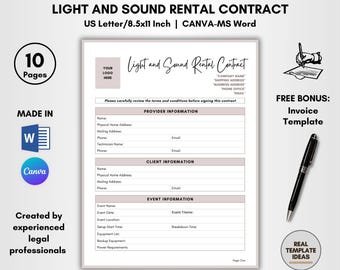 Light and Sound Rental Contract Template: 10 Pages DIY Editable (CANVA & MS Word)