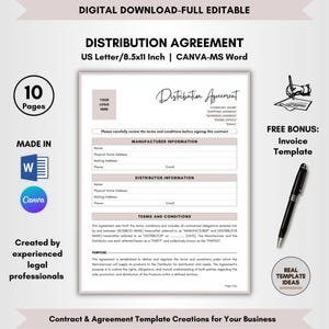May include: A printable distribution agreement template in a light pink and white color scheme. The template includes sections for manufacturer and distributor information, terms and conditions, and a purpose section. The text "Distribution Agreement" is written in a cursive font at the top of the page.
