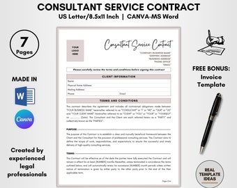 Consultant Service Contract Template, 7 Pages DIY Editable, Consulting Agreement, Advisory Help Terms, Advice Contract Forms, Consult Expert